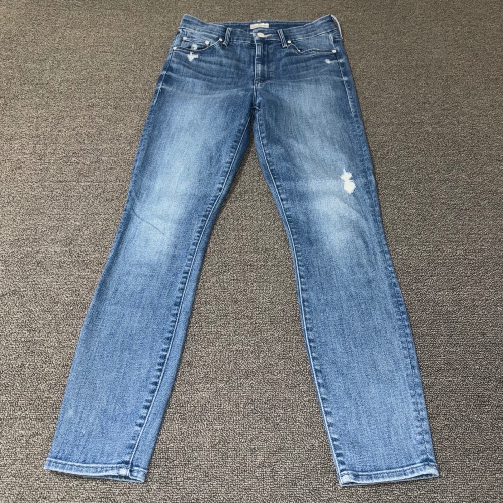 Mother The Looker Crop Graffiti Girl Skinny Jeans Blue Distressed Size 26 Boho